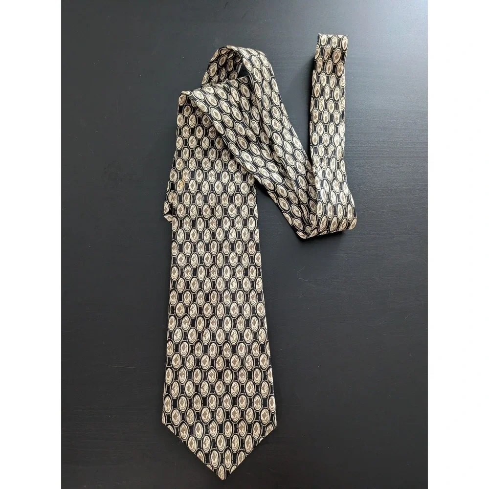 Cromley‎ & Finch London Silk Tie Necktie Black Golf Tan Circular Abstract